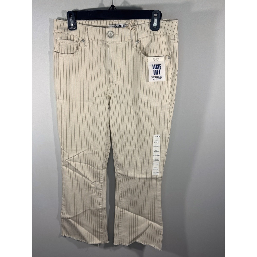 Code Bleu Luxe‎ Lift Demi Boot-Y Pinstripe Jeans Cream Navy Size 8 NEW